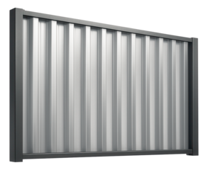 Corrugated metal fence with soundproofing features for an urban balcony, designed to reduce noise from busy streets.