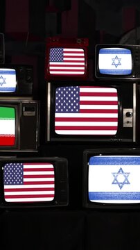 Iran, US and Israel Flags on Retro TVs - Conflict Concept - 4K Vertical