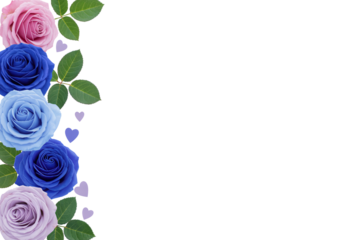 Colorful roses and hearts border isolated on transparent background