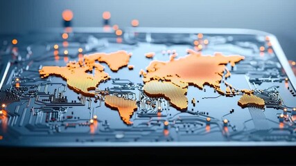 World map integrated with electronic circuit board, glowing orange lights highlight global connectivity, advanced technology, digital communication, innovation, futuristic network, modern electronic - Powered by Adobe