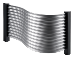 Corrugated metal fence with a curved design for a contemporary office building, adding architectural interest and professionalism.