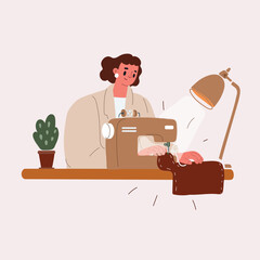 Cartoon vector illustration of a woman sewing at a table, symbolizing creativity, craftsmanship, and focused work