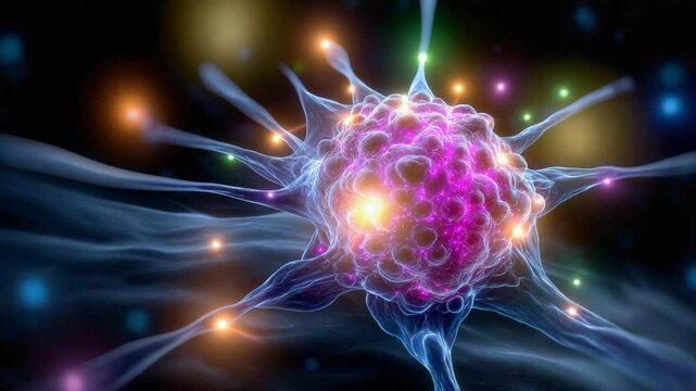 Tcells attacking a tumor cell in a colorful immune response