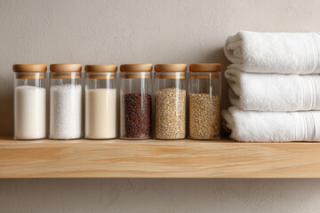 Minimalist wooden shelf with refillable jars and white towels in natural light