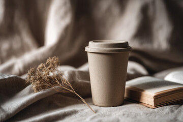Reusable coffee cup on linen tablecloth with book and dried flower