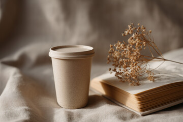 Reusable coffee cup on linen tablecloth with book and dried flower