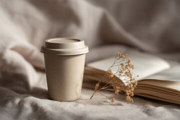 Reusable coffee cup on linen tablecloth with book and dried flower