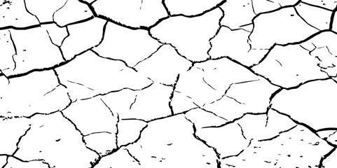 A high-contrast black and white texture depicting dry, cracked earth. The fragmented surface forms an organic mosaic of irregular shapes, with sharp, dark lines outlining each segment.
