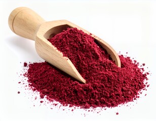 Crimson powder pigment nestled in wooden scoop offering earthy vibrancy on white background
