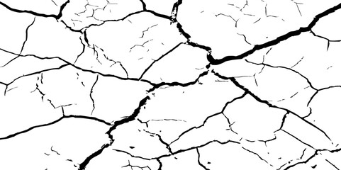 A high-contrast black and white texture depicting dry, cracked earth. The fragmented surface forms an organic mosaic of irregular shapes, with sharp, dark lines outlining each segment.