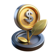 3d render of gold dollar coin plant growing isolated on transparent background