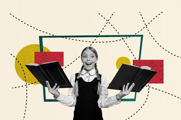 Sketch template design 3D photo collage composite of school young girl hand hold open book read...