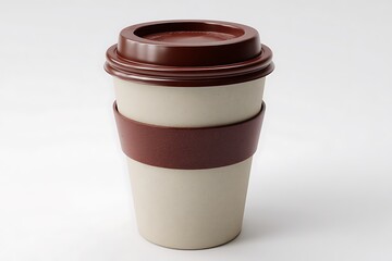 Reusable coffee cup with brown lid and sleeve on white background