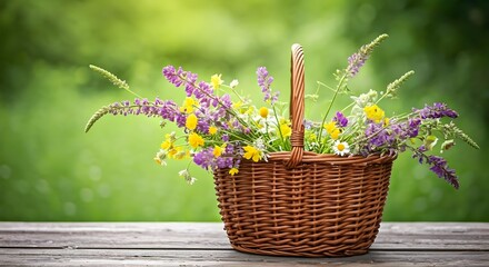 flowers bouquet in wicker basket on table in garden, abstract natural green background. spring, summer season. rustic still life with meadow flowers. template for design. copy space