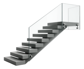 Concrete staircase with glass balustrades for a sleek and open living room design.