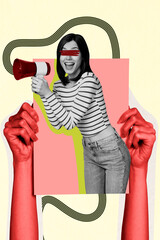 3D collage poster template trend artwork sketch of hand hold placard young lady blind proclaim...
