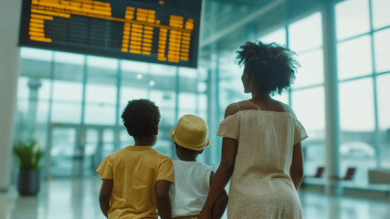 Black family looking at departure board in modern airport terminal, back view silhouette. Mother with children waiting for flight in contemporary travel hub. Tourism and family vacation concepts