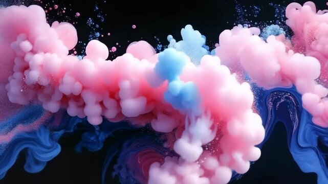 Colorful ink clouds exploding in water, creating abstract shapes against a black background, banner	
