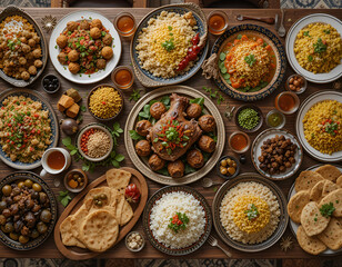 Fototapeta premium Top-View Traditional Arabic Feast Table – High-Resolution Middle Eastern Food Photography
