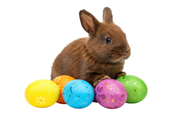 A fluffy chocolate brown rabbit with bright black eyes and pink nose, delicately resting its paws on a cluster of five vibrant, glittery Easter eggs against a transparent studio background,