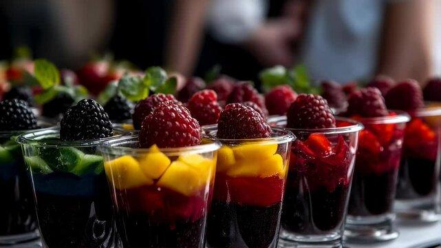 Colorful dessert presentation with fresh berries and mango garnishing in glass cups