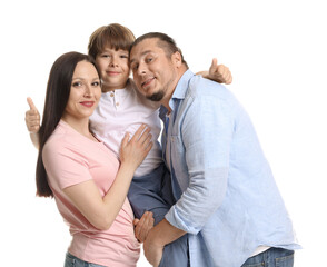Portrait of lovely family on white background