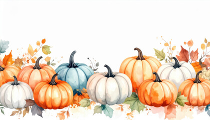 Obraz premium Watercolor pumpkins with autumn leaves create festive fall scene