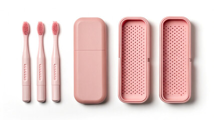 Three pink soft bristle toothbrushes and two ventilated travel cases arranged on a white background