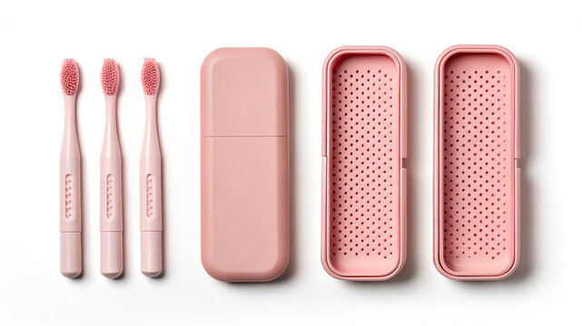 Three pink soft bristle toothbrushes and two ventilated travel cases arranged on a white background