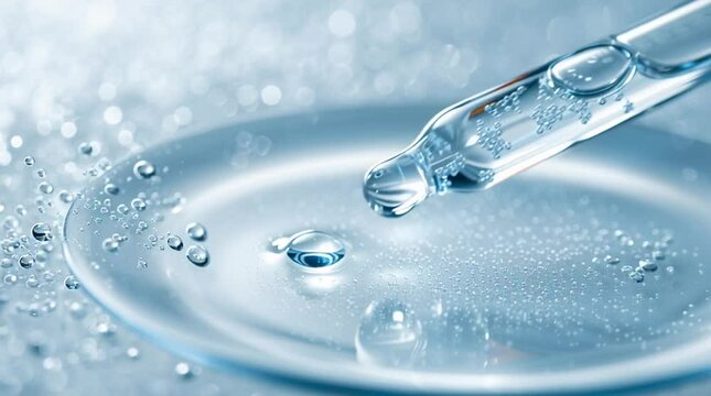 Close up of a pipette with Clear Liquid Serum cosmetic product for skin. Gel texture with bubbles	

