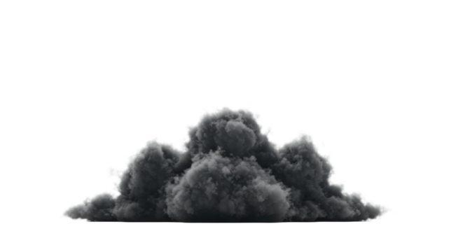 Dense dark grey clouds, sculptural singular mass, occupy lower frame, transitioning smoothly to transparent top, on a transparent plain with no shadows, studio photo. Concept of dramatic