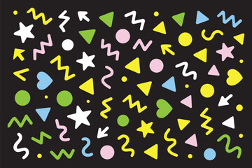 Modern basic shapes set: star, arrow, triangle, circle, heart, zigzag, spiral, wavy lines. Trendy Memphis geometric pattern. Cool abstract background in retro 80s, 90s style. Cute kid doodle design