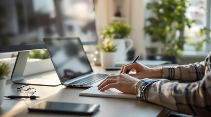 Boosting productivity with remote work, hands typing on laptop in cozy home office