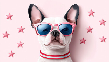 Cute Boston Terrier Dog Wearing Fourth of July Stars and Stripes Sunglasses and Necklace. Adorable puppy sporting patriotic eyewear and jewelry for a festive summer celebration.