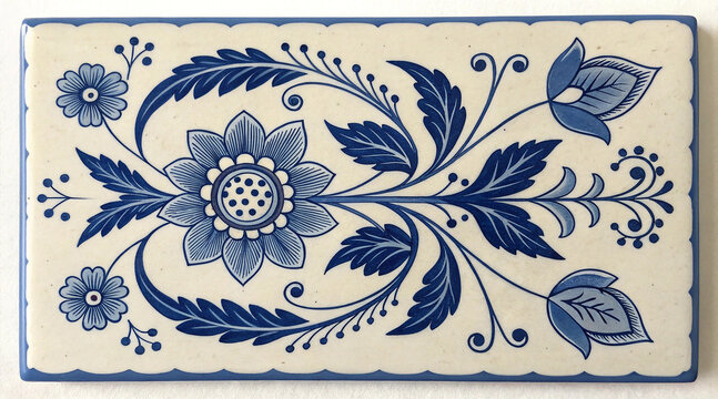 Classic blue and white floral tile with a scalloped edge and intricate symmetrical design