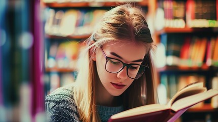 Teenage girl wearing glasses concentrated reading book in library with bookshelves background, education concept featuring natural lighting and quiet study atmosphere, shallow depth of field