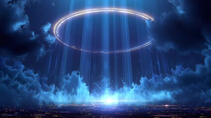 Futuristic glowing UFO hovering in a dramatic night sky with beams of blue light descending through clouds. Concept of alien contact, science fiction, and extraterrestrial technology - Powered by Adobe