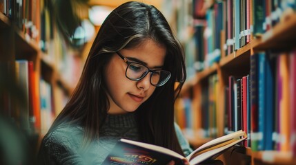 Teenage girl wearing glasses concentrated reading book in library with bookshelves background, education concept featuring natural lighting and quiet study atmosphere, shallow depth of field