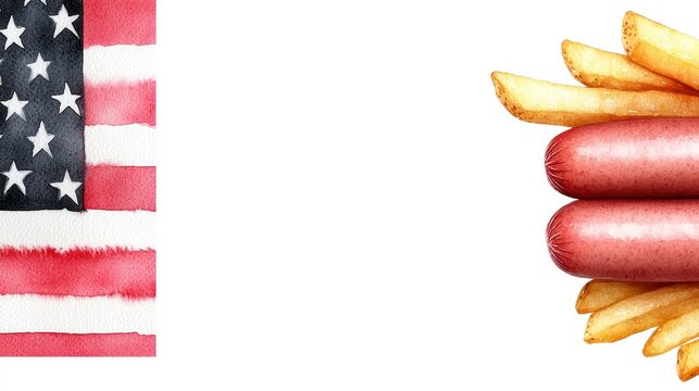 Fast food from hot dog with sausage and fries decorated USA flag on 4th july top view. Table setting on american independence day. Patriotic culinary delight a july fourth feast featuring - Powered by Adobe