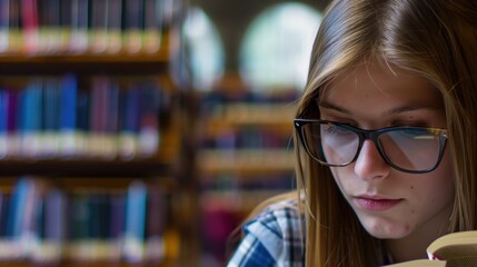 Teenage girl wearing glasses concentrated reading book in library with bookshelves background, education concept featuring natural lighting and quiet study atmosphere, shallow depth of field