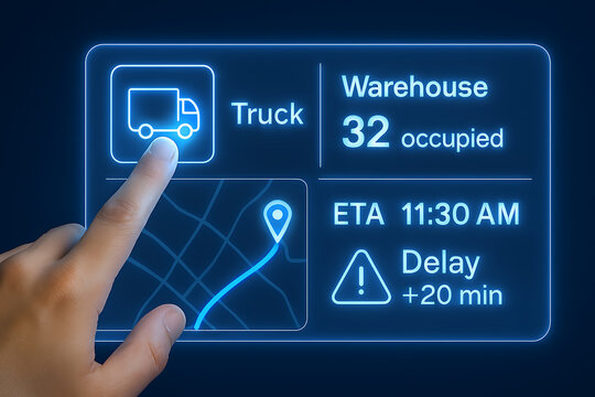 Hand interacting with digital interface showing truck warehouse eta and delay information displayed