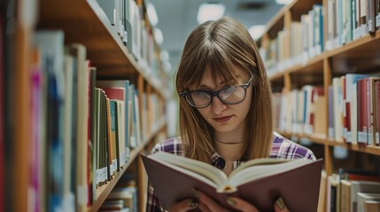 Teenage girl wearing glasses concentrated reading book in library with bookshelves background, education concept featuring natural lighting and quiet study atmosphere, shallow depth of field
