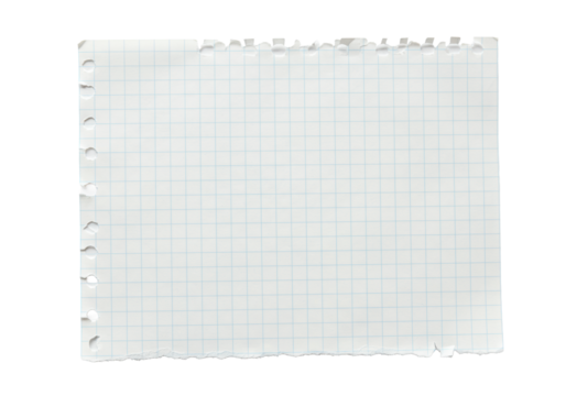 Single blank graph paper with natural jagged torn edges, precise light blue grid lines, and matte texture, flat on a pristine transparent isolated background, top-down view, concept of precision and