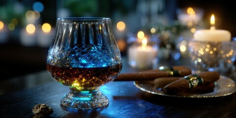 Elegant whiskey glass and cigars on a dark table adorned with gentle candlelight at night