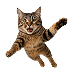 Fototapeta premium Playful Tabby Cat Mid-Jump with Excited Expression, Capturing the Joy of Feline Playfulness, Isolated on Transparent and White Background