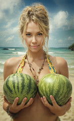 Beautiful woman in bikini holding watermelons on a beach during hot summer day under sunny sky