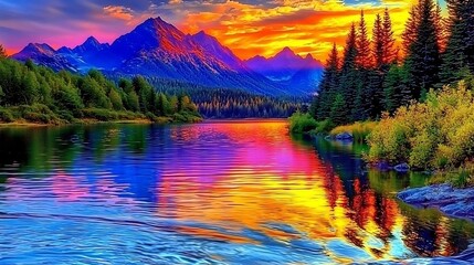 Serene mountain lake reflecting the colors of a vibrant sunset cinematic calm and beauty