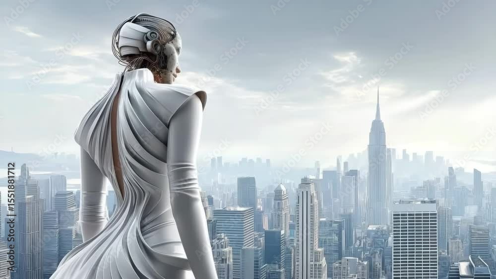 Poster an elegant cyborg or android looks out over a futuristic cityscape. perfect for themes of artificial