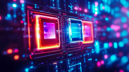 Futuristic digital abstract artwork featuring glowing circuit board elements and vibrant neon light highlights, perfect for technology and science themes.