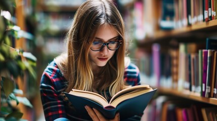 Teenage girl wearing glasses concentrated reading book in library with bookshelves background, education concept featuring natural lighting and quiet study atmosphere, shallow depth of field